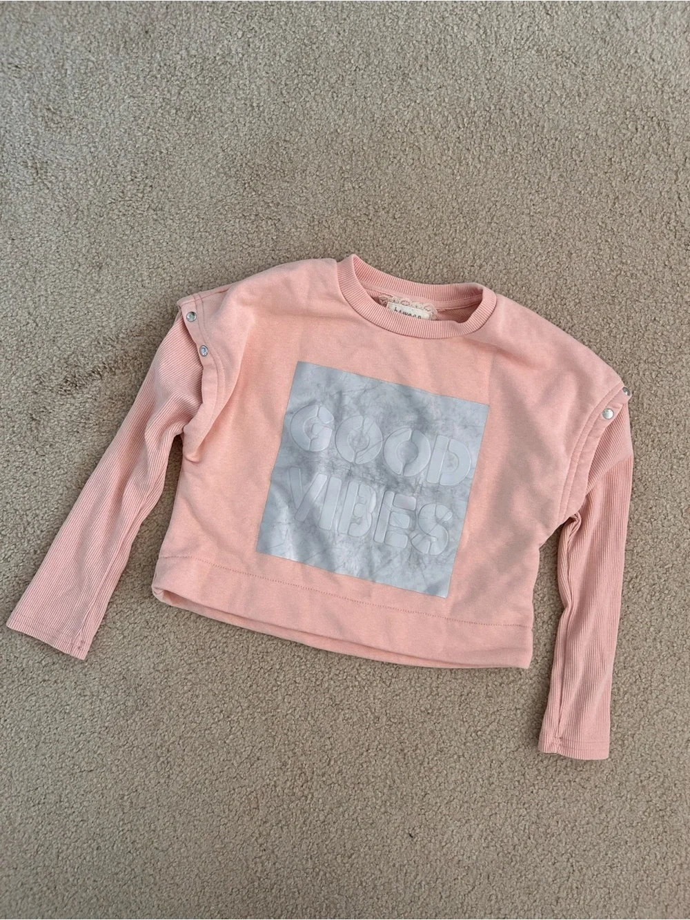 btween Light Pink Long Sleeve Top with Silver 'GOOD VIBES' Graphic